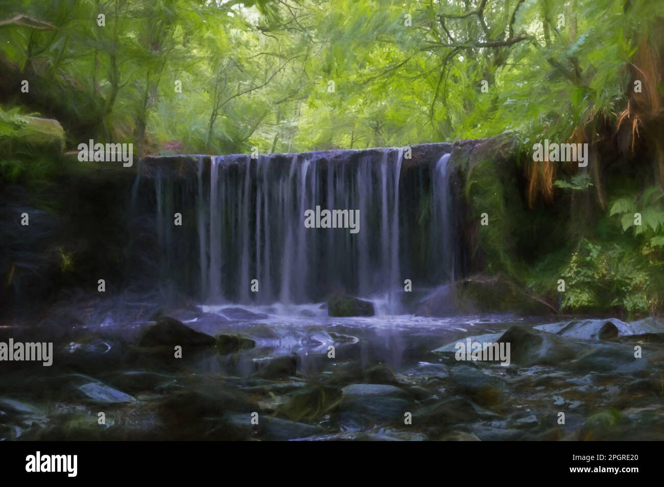 Peinture numérique d'une longue exposition d'une petite cascade au réservoir de Kynpersley dans un glen isolé. Arbres, feuilles et fougères verdoyants et éclatants Banque D'Images