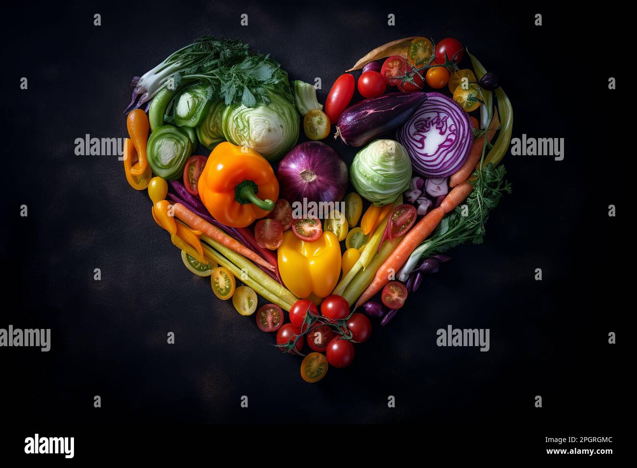 coeur formé par des légumes variés sur un fond sombre Banque D'Images