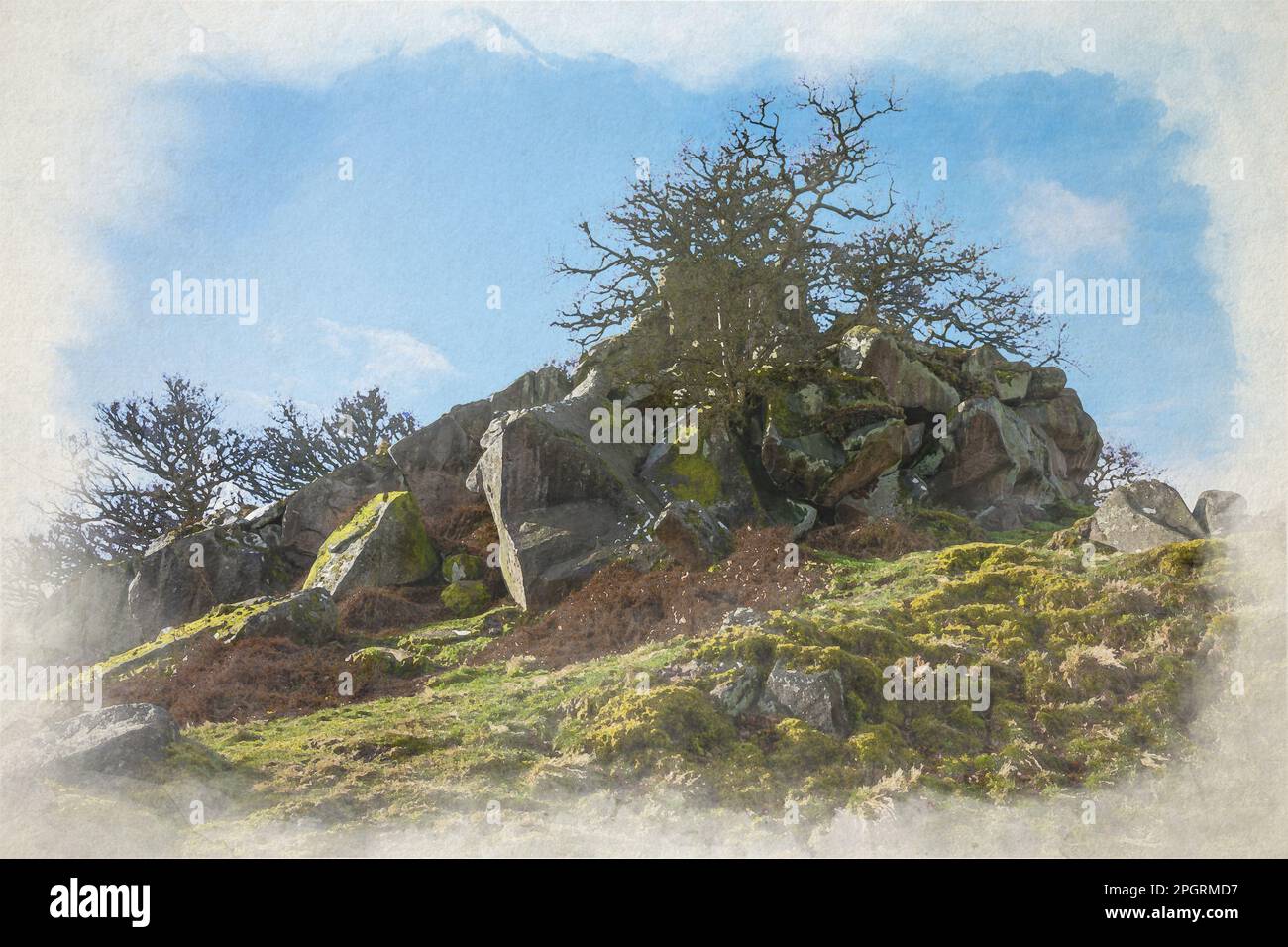 Peinture aquarelle numérique de la formation rocheuse de la voie calcaire de la foulée de Robin Hood dans le Derbyshire Dales, Peak District National Park, Royaume-Uni. Banque D'Images