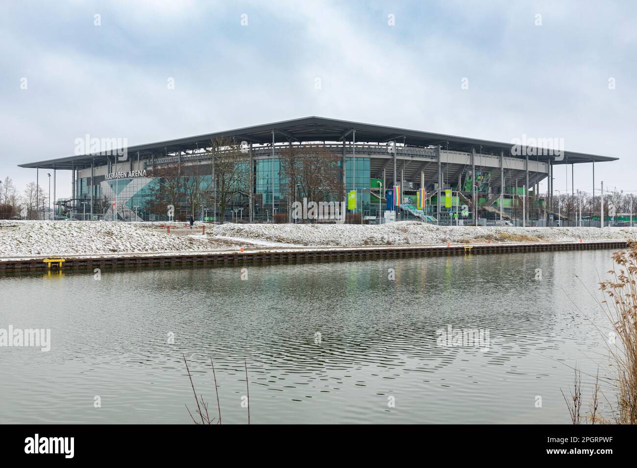 Wolfsburg, Allemagne – 9 mars 2023 : stade Volkswagen, stade de football et stade de l'équipe VFL Wolfsburg, située au canal Mittelland. Banque D'Images