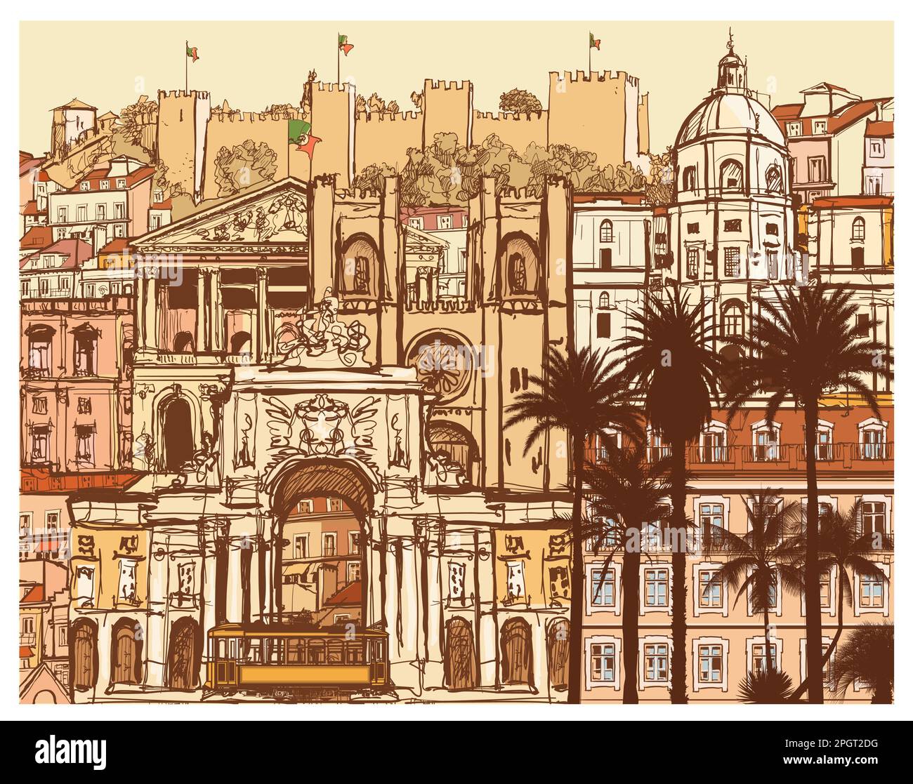 Représentation originale et colorée de Lisbonne au Portugal - illustration vectorielle (idéale pour l'impression, l'affiche ou le papier peint, la décoration de la maison) Illustration de Vecteur