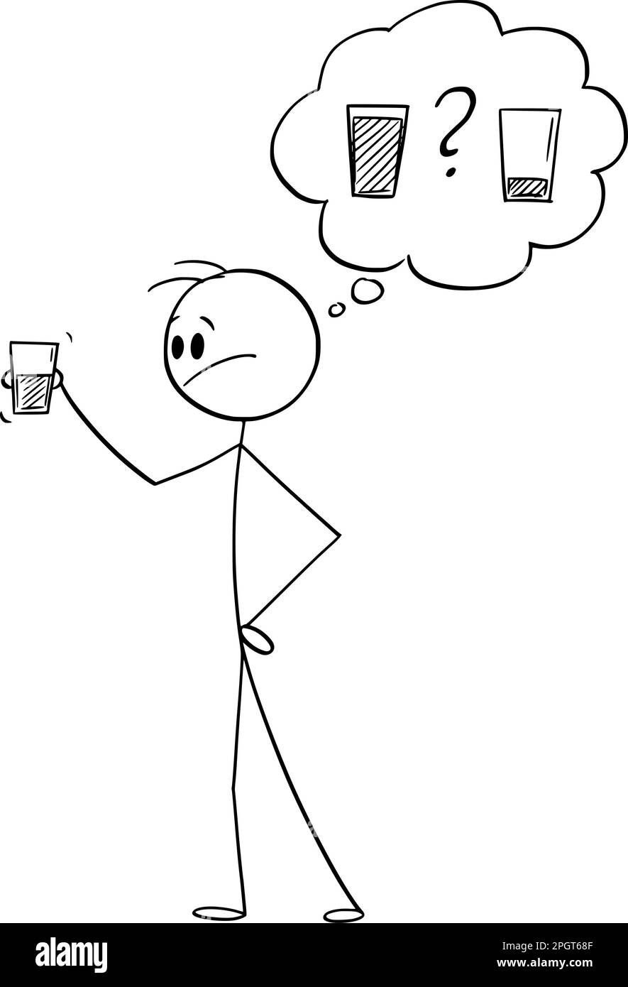 Personne pensant si le verre est à moitié plein ou à moitié vide , figure de bâton de dessin animé vectoriel ou illustration de caractère. Illustration de Vecteur