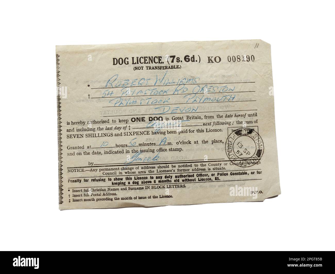 Un permis de chien britannique de 1957, isolé sur fond blanc Banque D'Images
