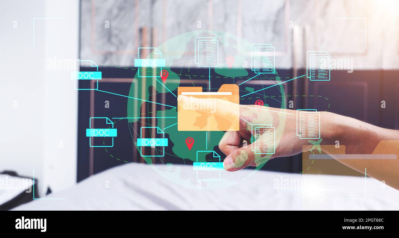 Concept : système de gestion de documents , logiciel d'icônes de dossiers et de documents, recherche et gestion de fichiers base de données de documents en ligne, pour archivi efficace Banque D'Images