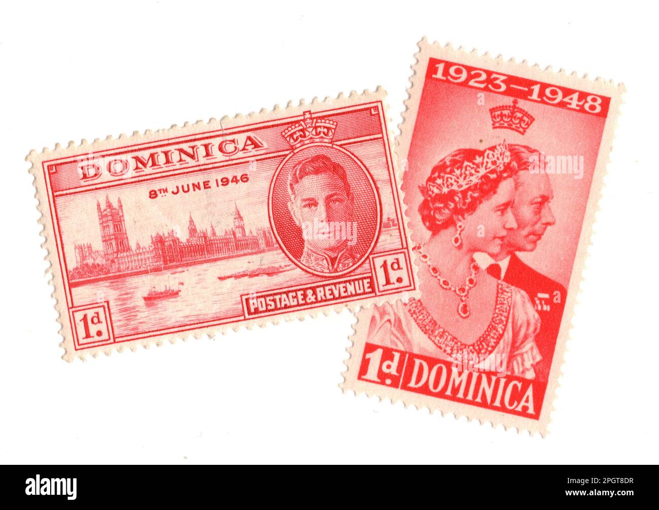 Timbres-poste millésimés à la menthe de Dominique isolés sur fond blanc. Banque D'Images