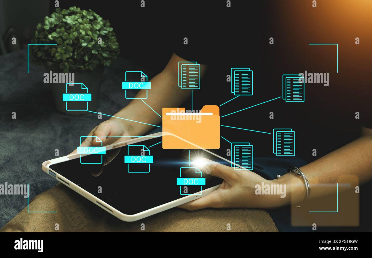 Concept : système de gestion de documents , logiciel d'icônes de dossiers et de documents, recherche et gestion de fichiers base de données de documents en ligne, pour archivi efficace Banque D'Images