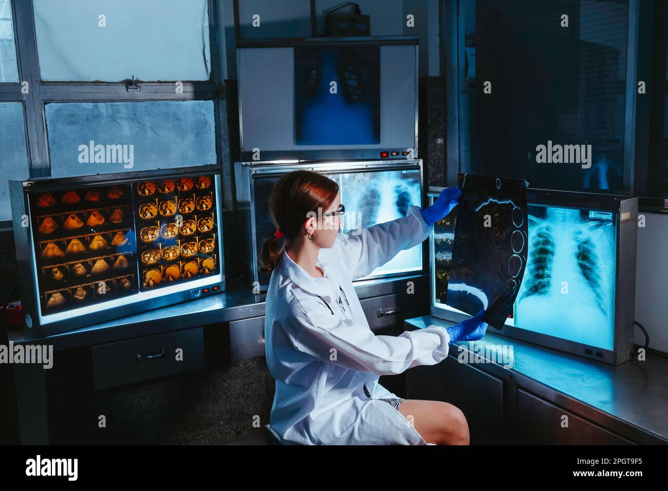 Femme médecin radiologue médecin regardant la tête et le cerveau film radiographique avant la chirurgie dans le bureau de laboratoire à l'hôpital. Santé et éducation. Banque D'Images