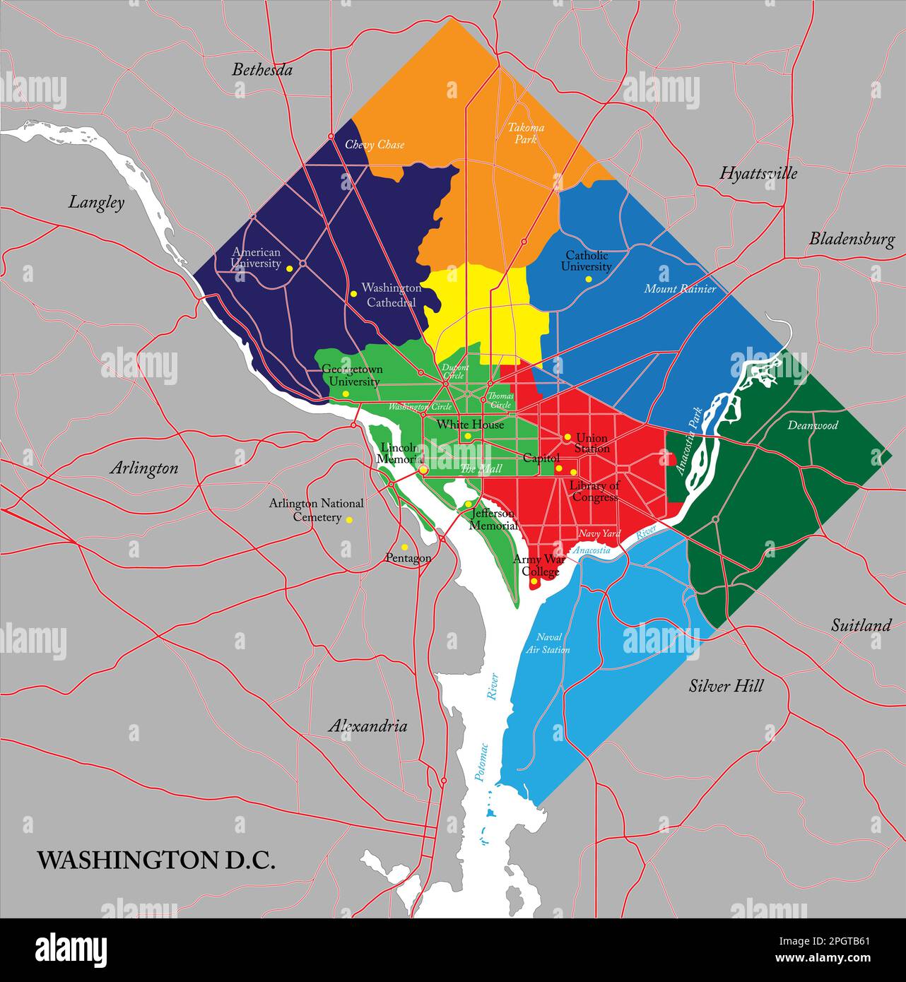 Carte vectorielle très détaillée de Washington D.C. avec huit quartiers, zone métropolitaine et routes principales. Illustration de Vecteur