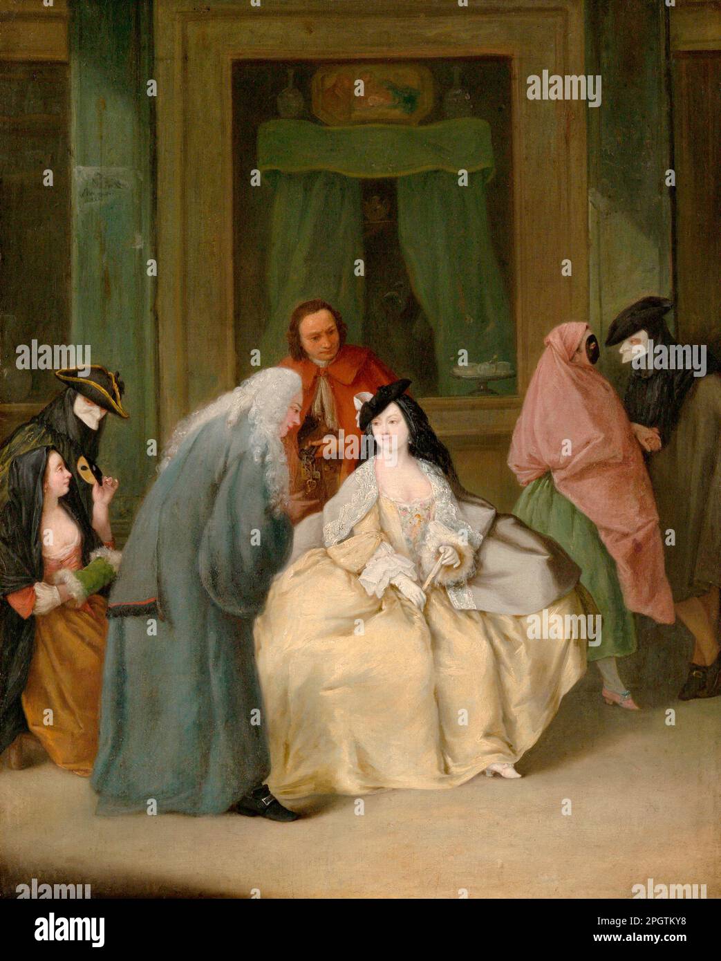 La rencontre 1746 ( 0,61 x 0,49 cm )- Pietro Longhi (Pietro Falca) - MET ( le gentleman en bleu invite une femme à une trrue avec l'aide d'un vendeur de boîtes de théâtre, les clés auxquelles il tient entre le couple ) Banque D'Images