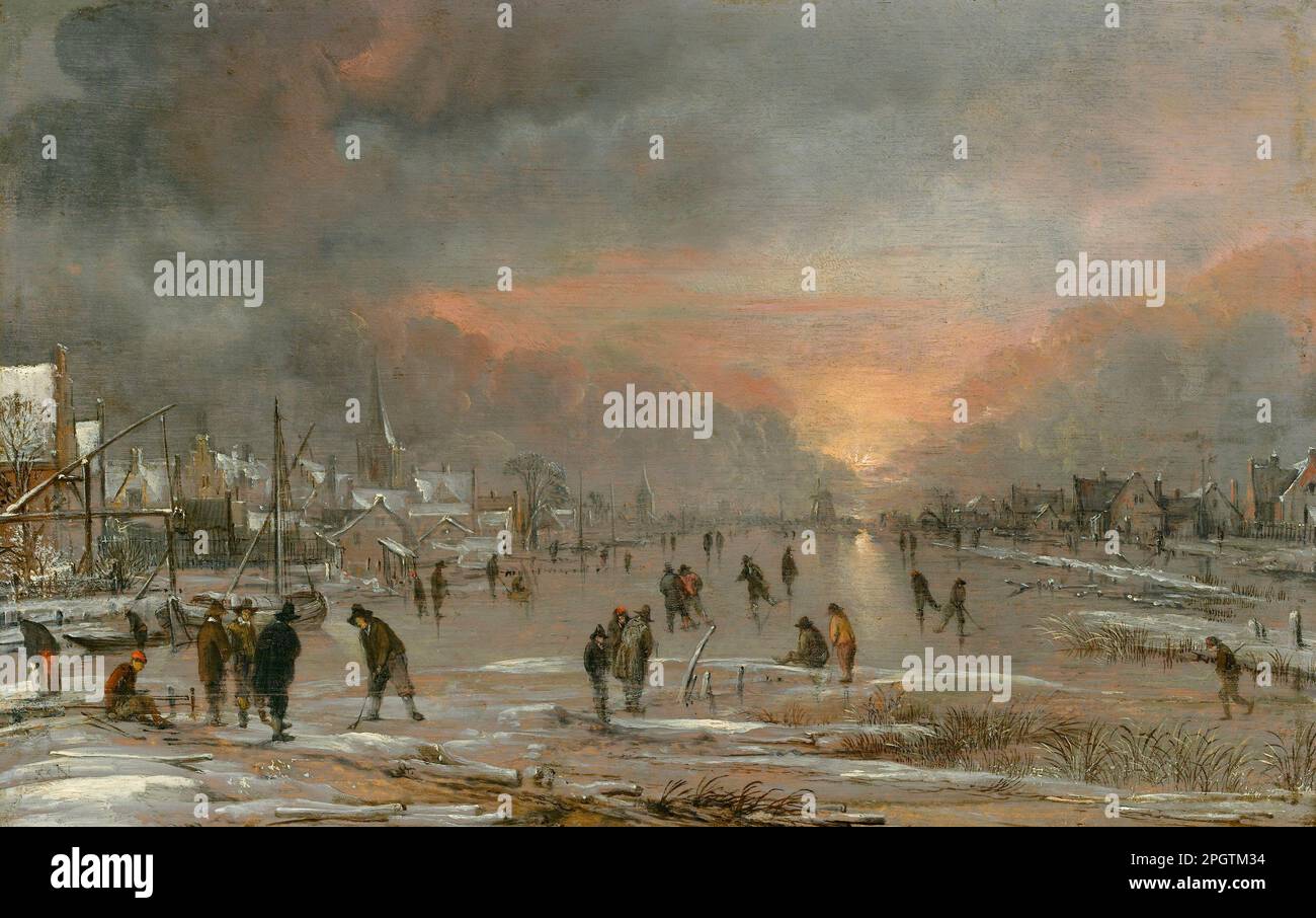 Sports sur une rivière gelée CA 1660 ( 0,23 x 0,34 cm ) - Aert van der Neer - MÉT Banque D'Images