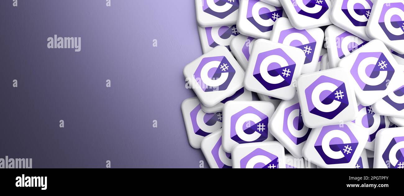 Logos du langage de programmation C# (C Sharp) sur un tas sur une table. Format de bannière Web, espace de copie Banque D'Images Logos du langage de programmation C# (C Sharp) sur un tas sur une table. Format de bannière Web, espace de copie Banque D'Images