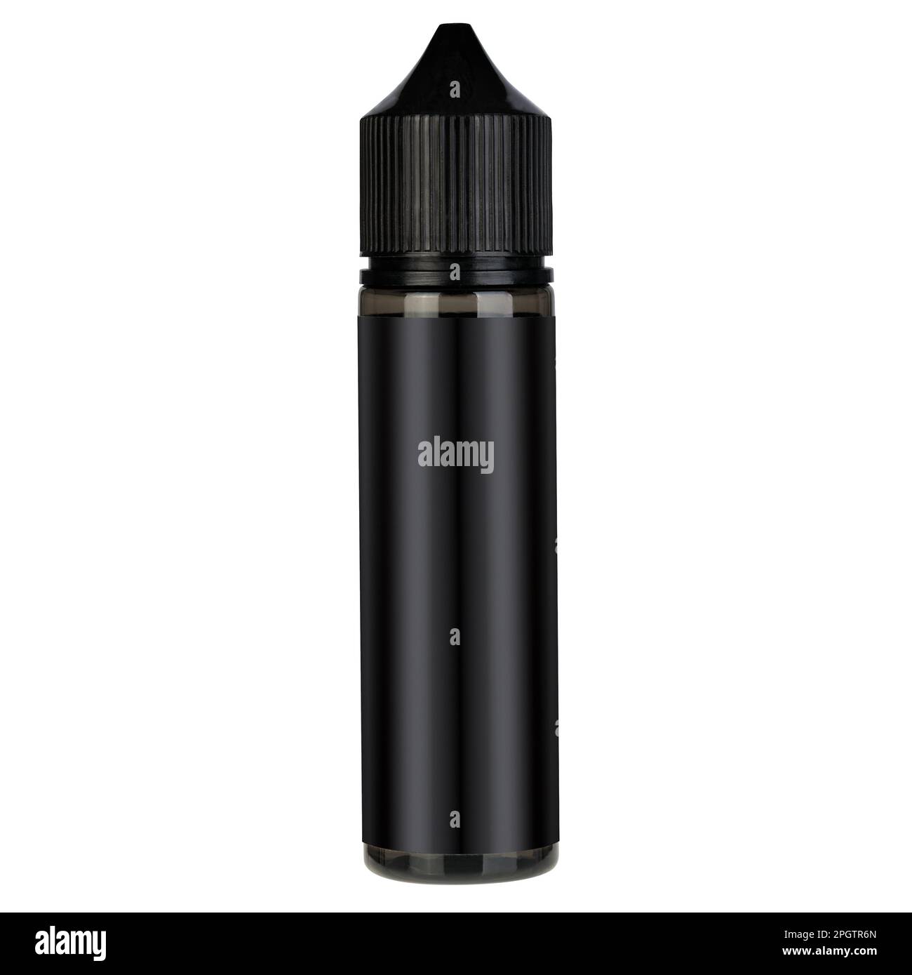 Flacon de Vape noir avec étiquette vierge isolée sur fond blanc. Tabac liquides cigarettes électroniques. Banque D'Images