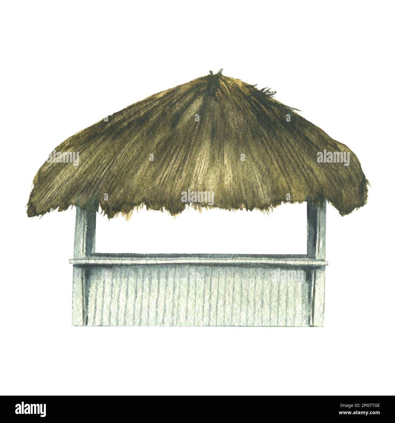 Bungalow en bois, bar de plage avec toit de chaume à feuilles sèches. Illustration aquarelle. Objet isolé de la collection CUBA. Pour la décoration et le design Banque D'Images