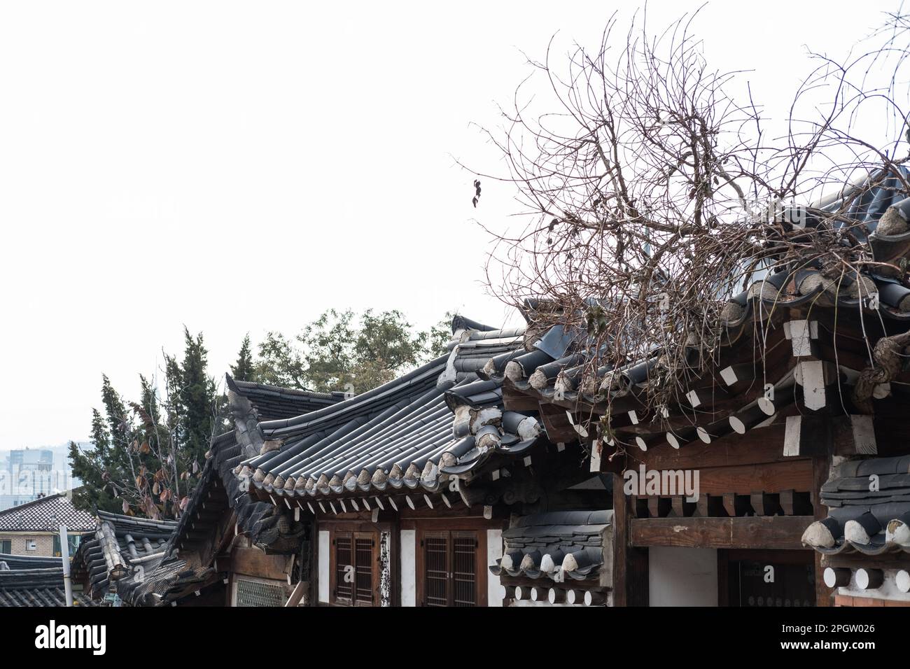 Détail de la construction dans le village de Bukchon Hanok, un village traditionnel coréen à Séoul, Corée du Sud Banque D'Images