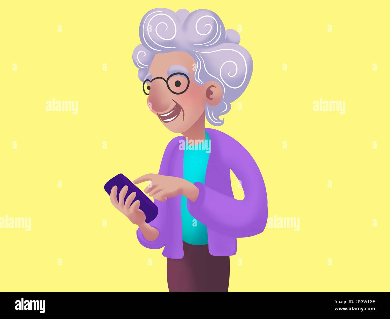Illustration d'une vieille femme souriante avec un personnage de smartphone Banque D'Images