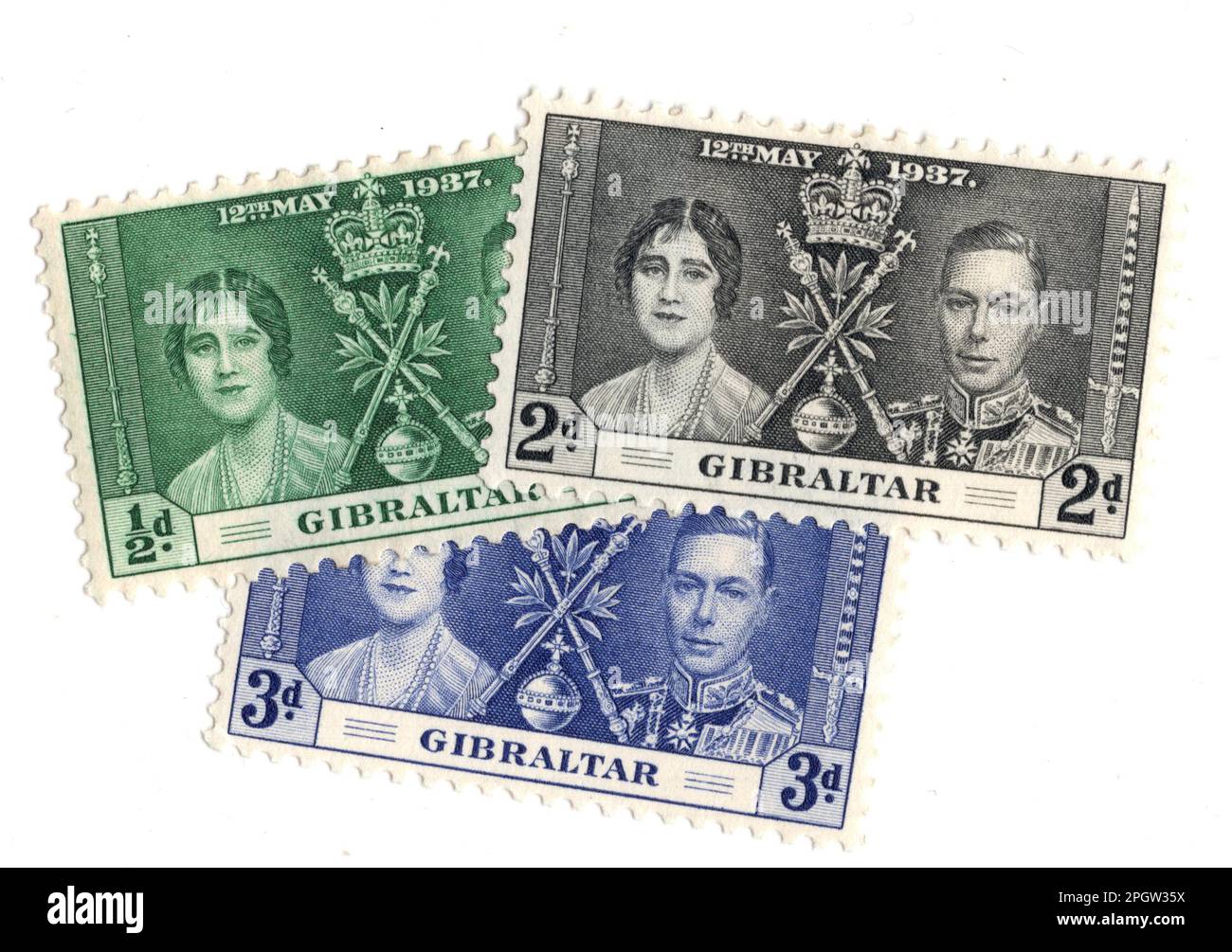 Timbres-poste à la menthe vintage de Gibraltar isolés sur fond blanc. Banque D'Images