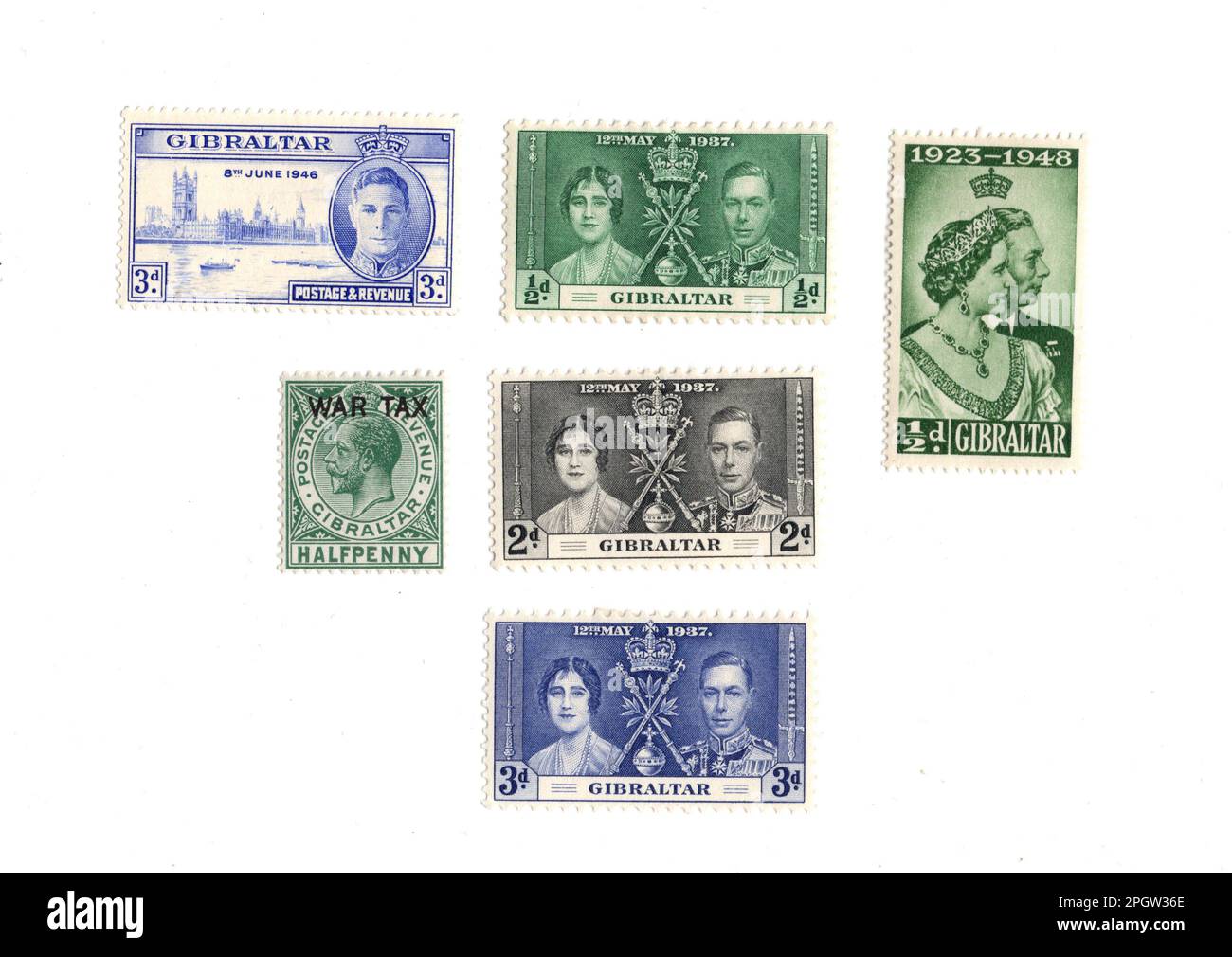 Timbres-poste à la menthe vintage de Gibraltar isolés sur fond blanc. Banque D'Images