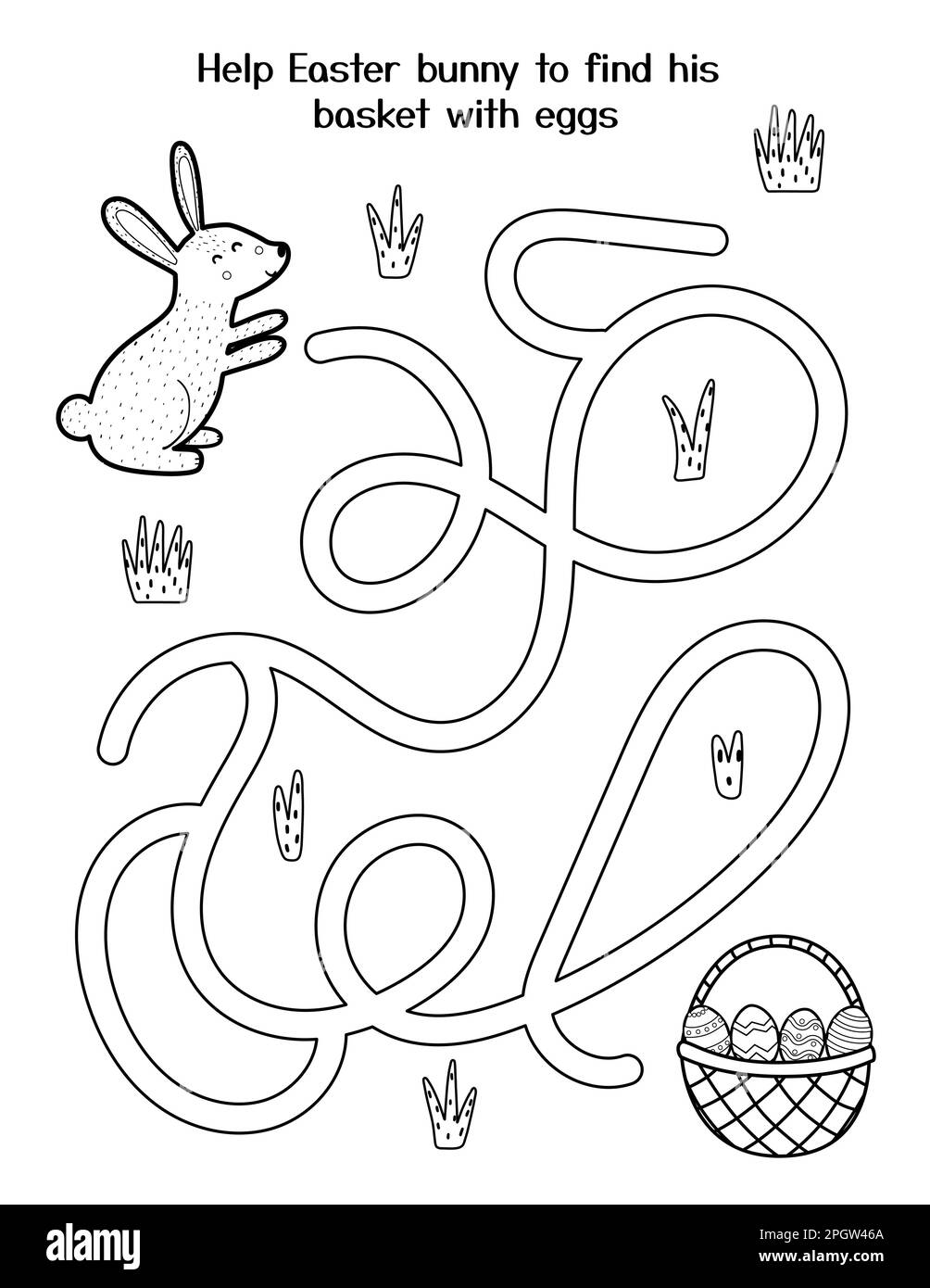 Aidez le mignon lapin à obtenir son panier avec des œufs. Jeu de labyrinthe de Pâques pour les enfants Illustration de Vecteur