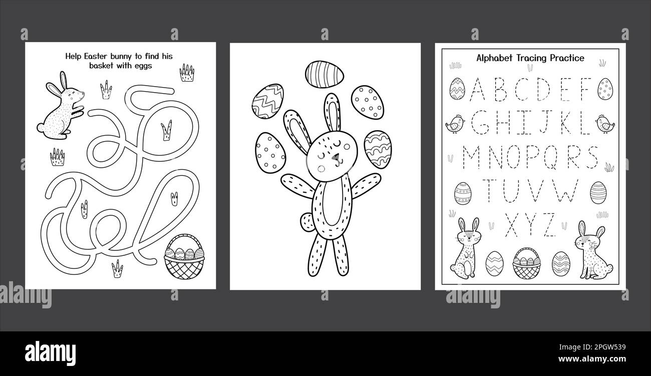 Ensemble de draps de fête de Pâques avec petits lapins mignons. Collection de pages d'activités de printemps noir et blanc pour enfants Illustration de Vecteur
