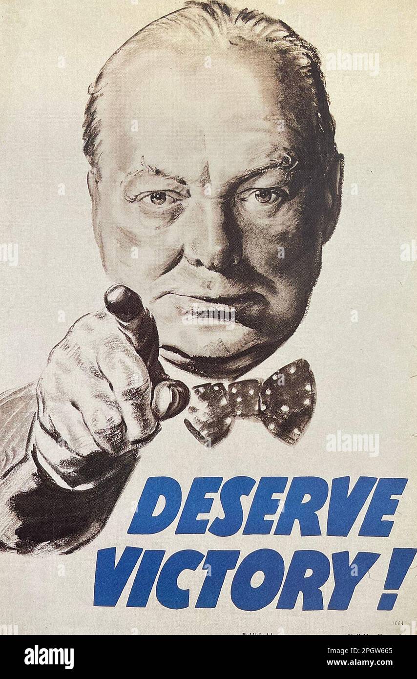 MÉRITEZ LA VICTOIRE ! Le premier ministre britannique Winston Churchill sur une affiche de WW2 Banque D'Images