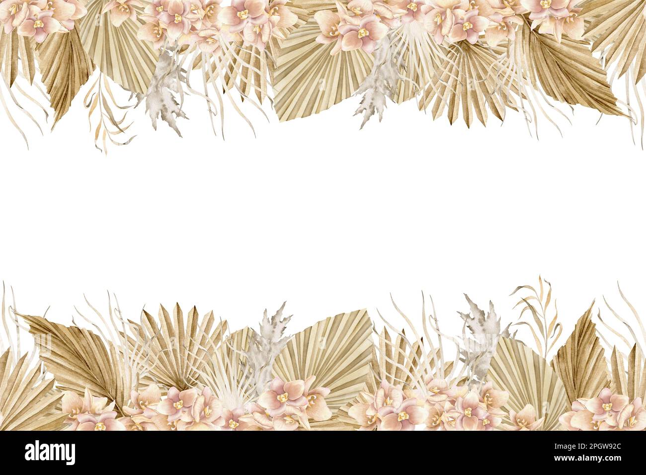 Cadre fleuri avec feuilles de palmier séchées et fleurs d'orchidées de style boho. Modèle aquarelle dessiné à la main pour les cartes de vœux ou les invitations de mariage. Motif sans couture dans des couleurs pastel sur un arrière-plan isolé Banque D'Images