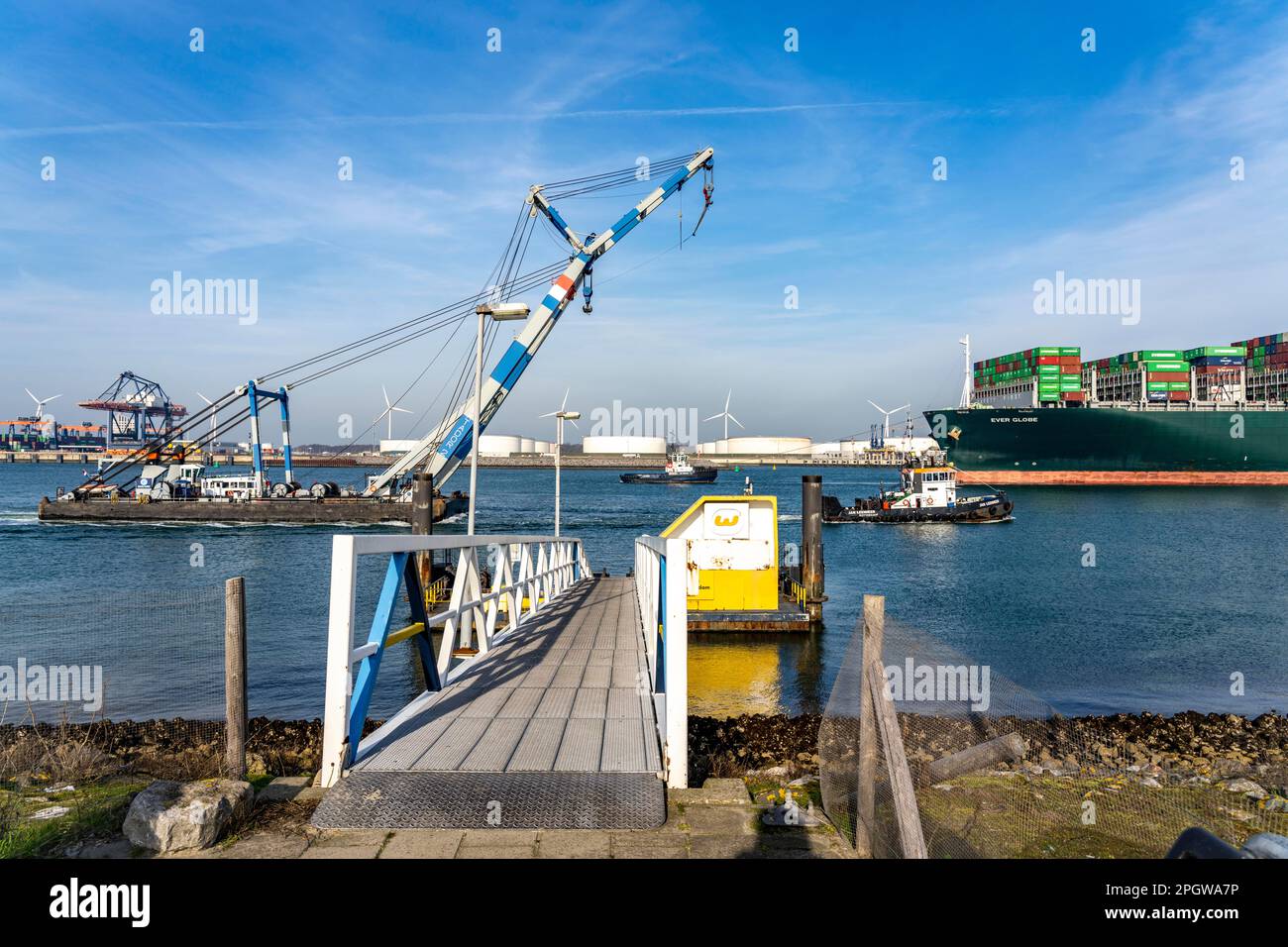 Les remorqueurs de port apportent le cargo de conteneurs Ever Globe à son poste d'amarrage à Hutchison ports ECT Euromax, sur le Yangtzekanaal sur Maasvlakte 2, Rotterdam, TH Banque D'Images