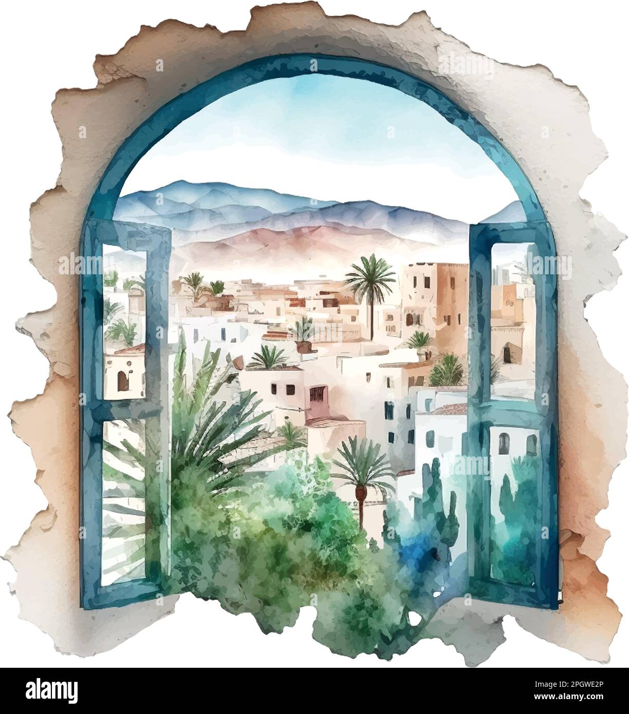 Vue depuis la fenêtre du paysage pittoresque du Maroc en Afrique Illustration de Vecteur