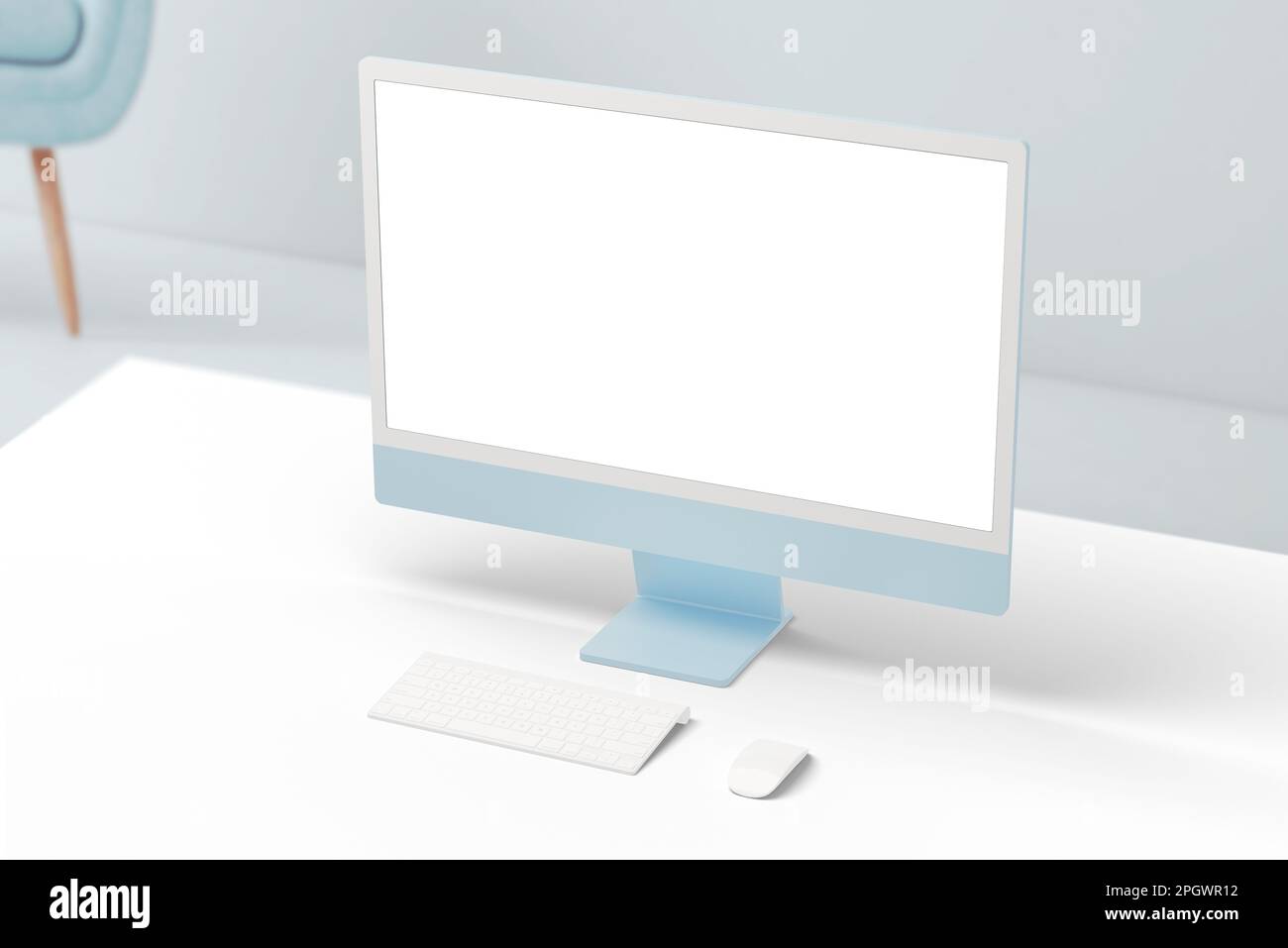 Écran d'ordinateur bleu moderne avec écran blanc pour la présentation d'applications ou de pages Web. Nettoyer le bureau blanc avec le clavier et la souris Banque D'Images