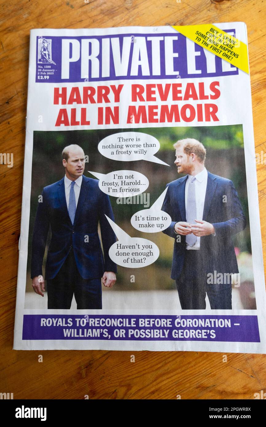 Les Royal Brothers Prince Harry et Prince William parlent sur la couverture du magazine satirique Private Eye janvier février numéro 2023 Londres Royaume-Uni Banque D'Images