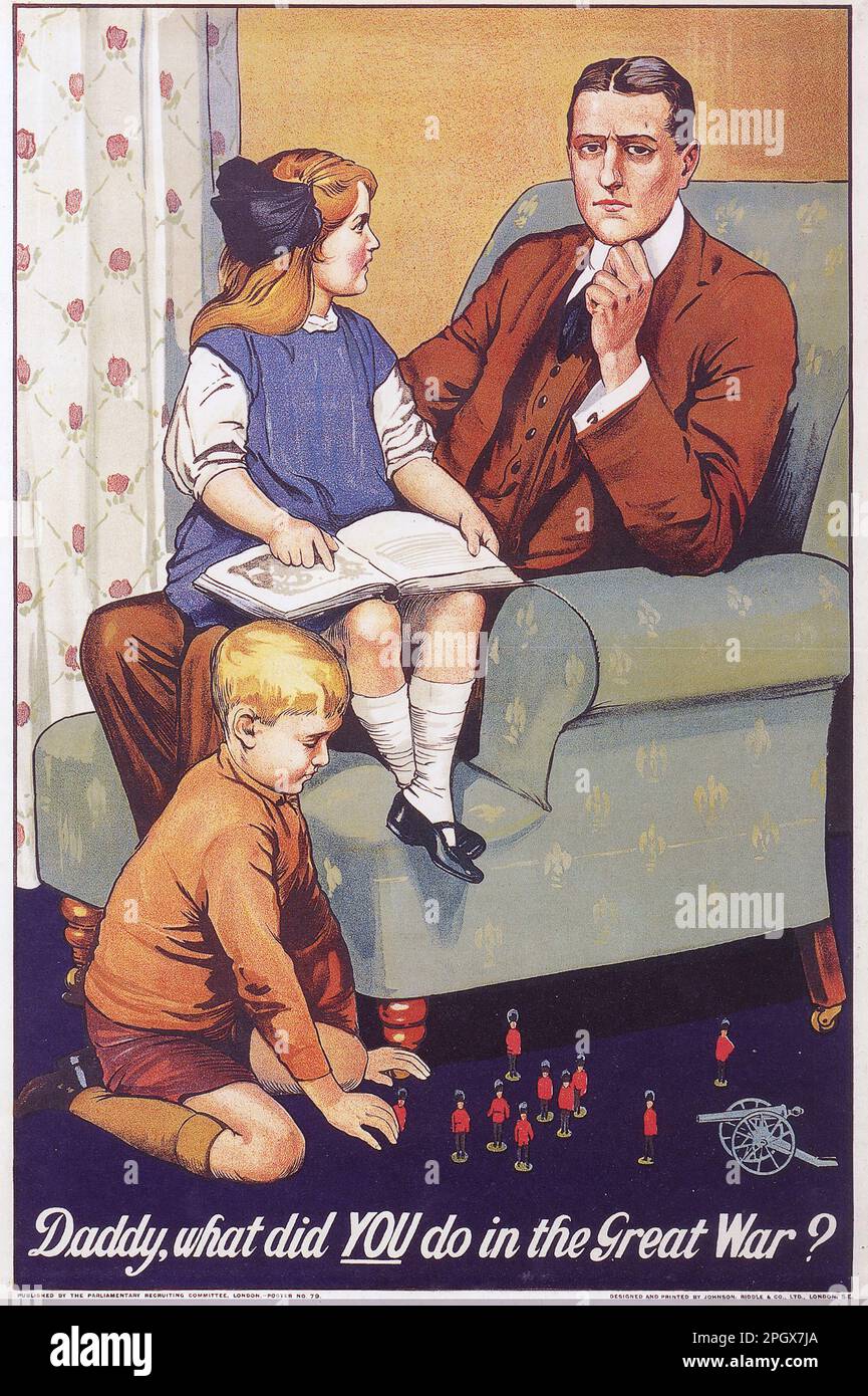 QU'AVEZ-VOUS FAIT DANS LA GRANDE GUERRE, PAPA ? Affiche de propagande britannique de Savile Lumley publiée en mars 1915. Banque D'Images