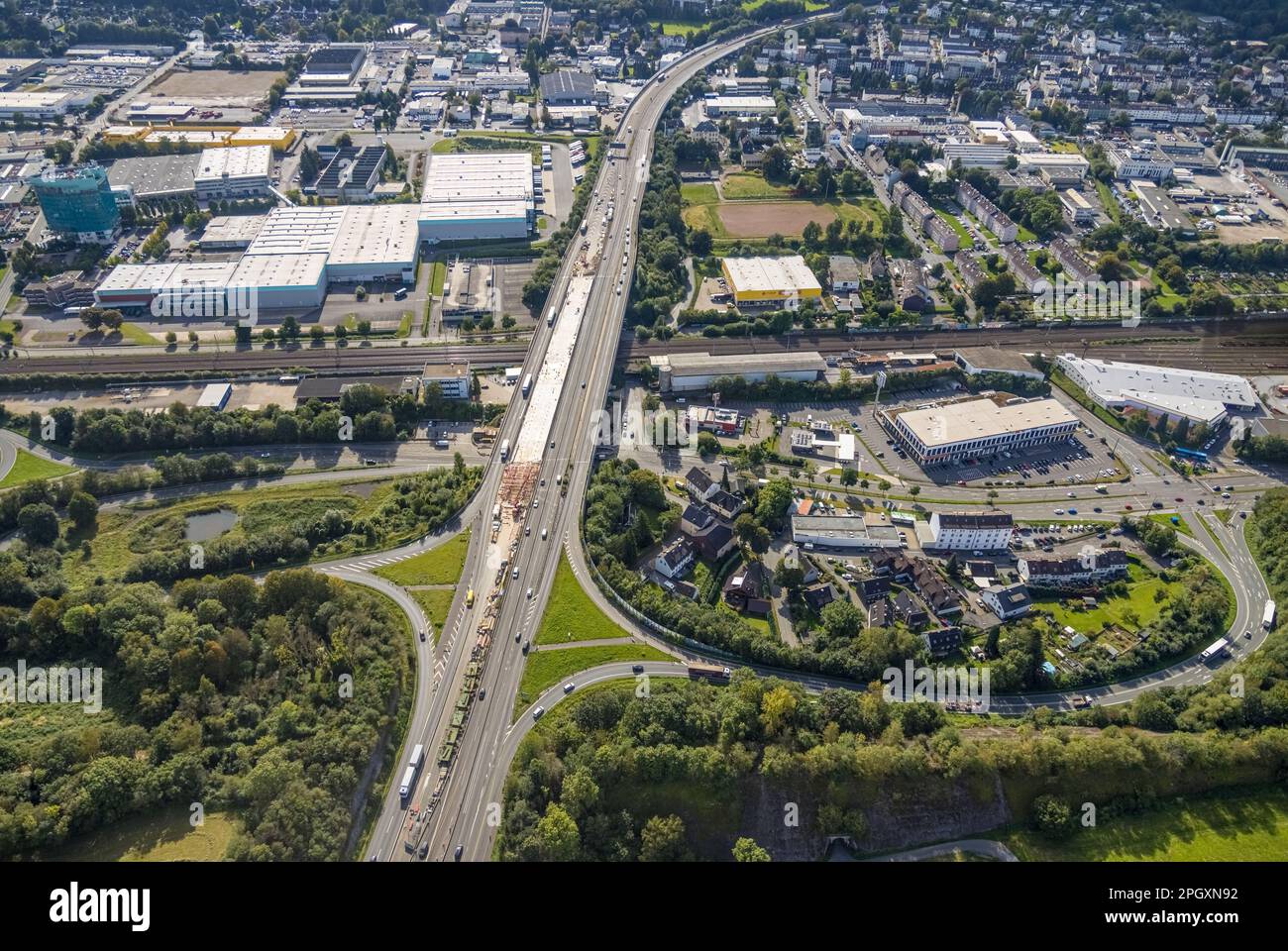 Vue aérienne, chantier de construction sur le pont Schwelmtal de l'autoroute A1 jonction Wuppertal-Langerfeld dans le district de Loh à Schwelm, région de Ruhr, NOR Banque D'Images