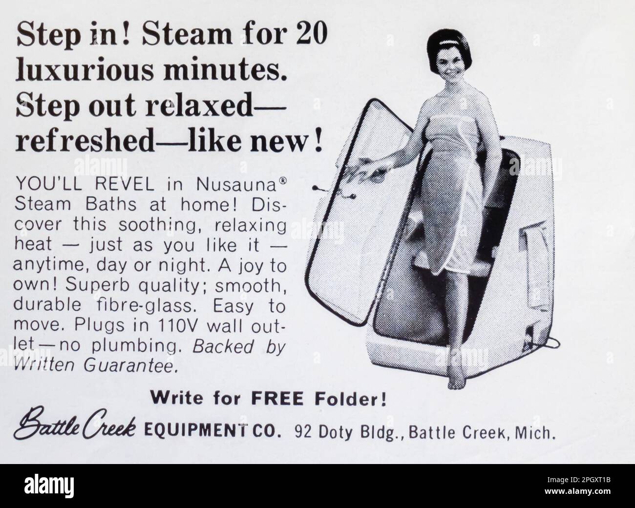 Bain de vapeur Nusauna par Battle Creek matériel publicitaire dans un magazine NatGeo, 1966 Banque D'Images