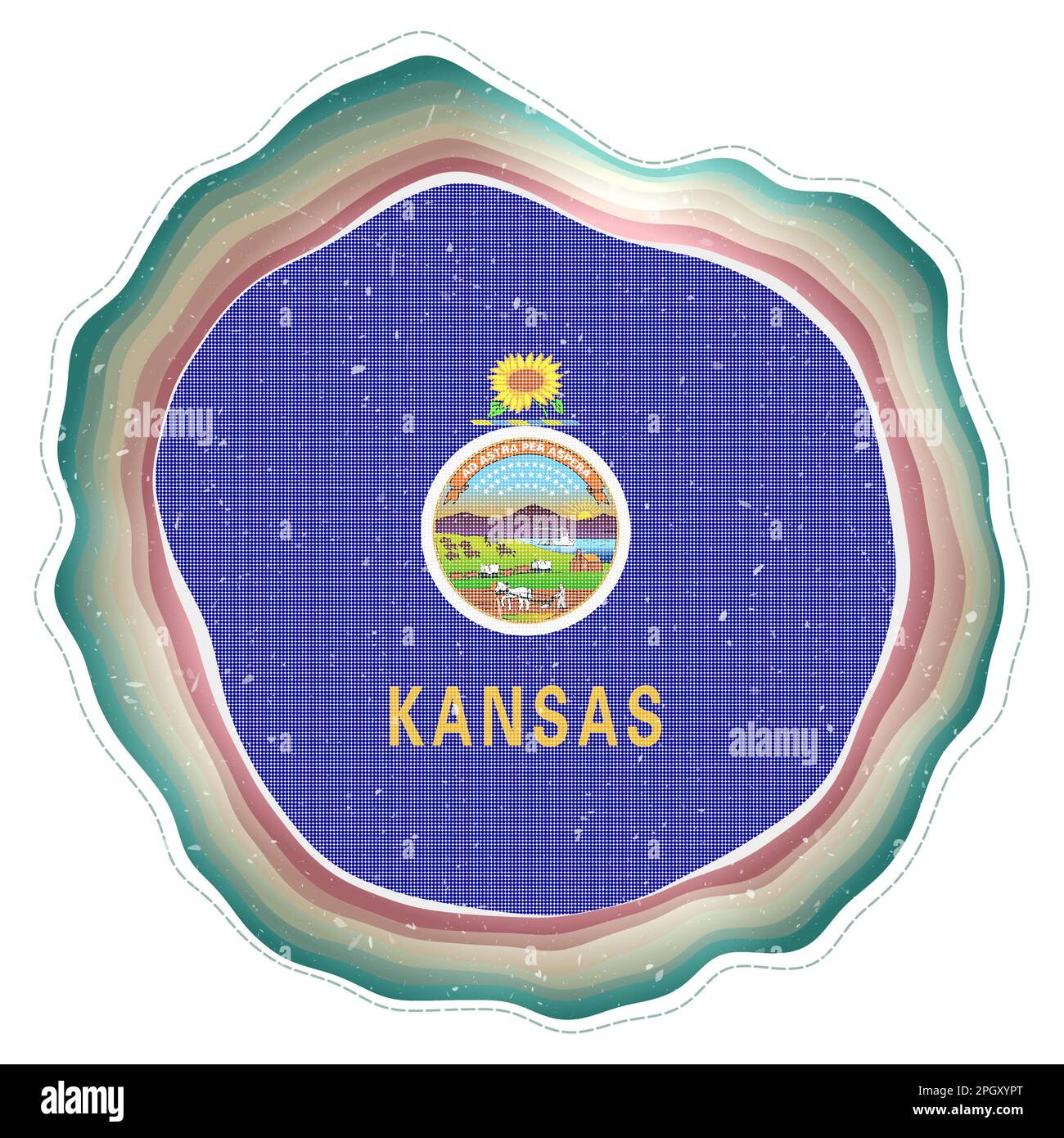 Drapeau du Kansas dans le cadre. Badge de l'état américain. Panneau circulaire en couches autour du drapeau du Kansas. Illustration vectorielle captivante. Illustration de Vecteur
