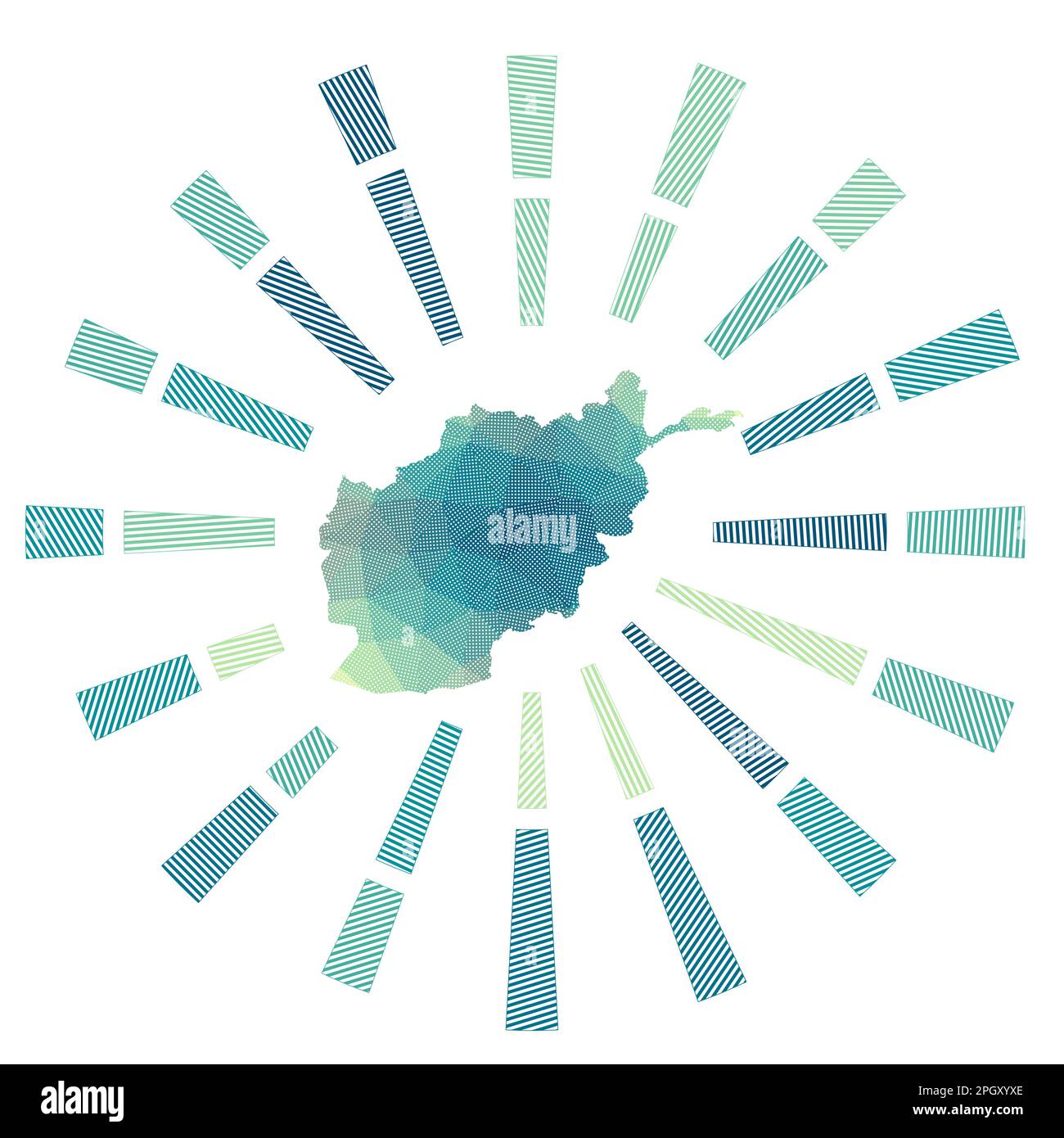Afghanistan Sunburst. Rayons poly rayés bas et carte du pays. Illustration vectorielle impressionnante. Illustration de Vecteur