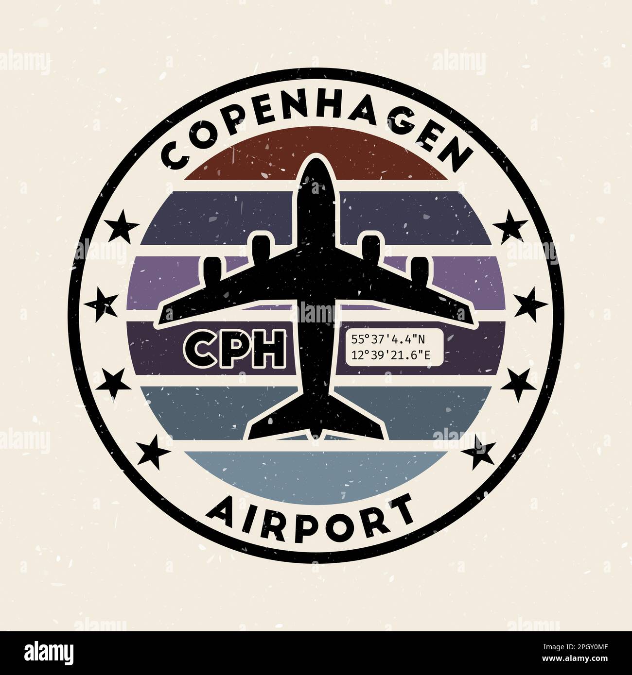 Insignia de l'aéroport de Copenhague. Badge rond avec rayures vintage, forme d'avion, code IATA aéroport et coordonnées GPS. Illustration vectorielle vibrante. Illustration de Vecteur