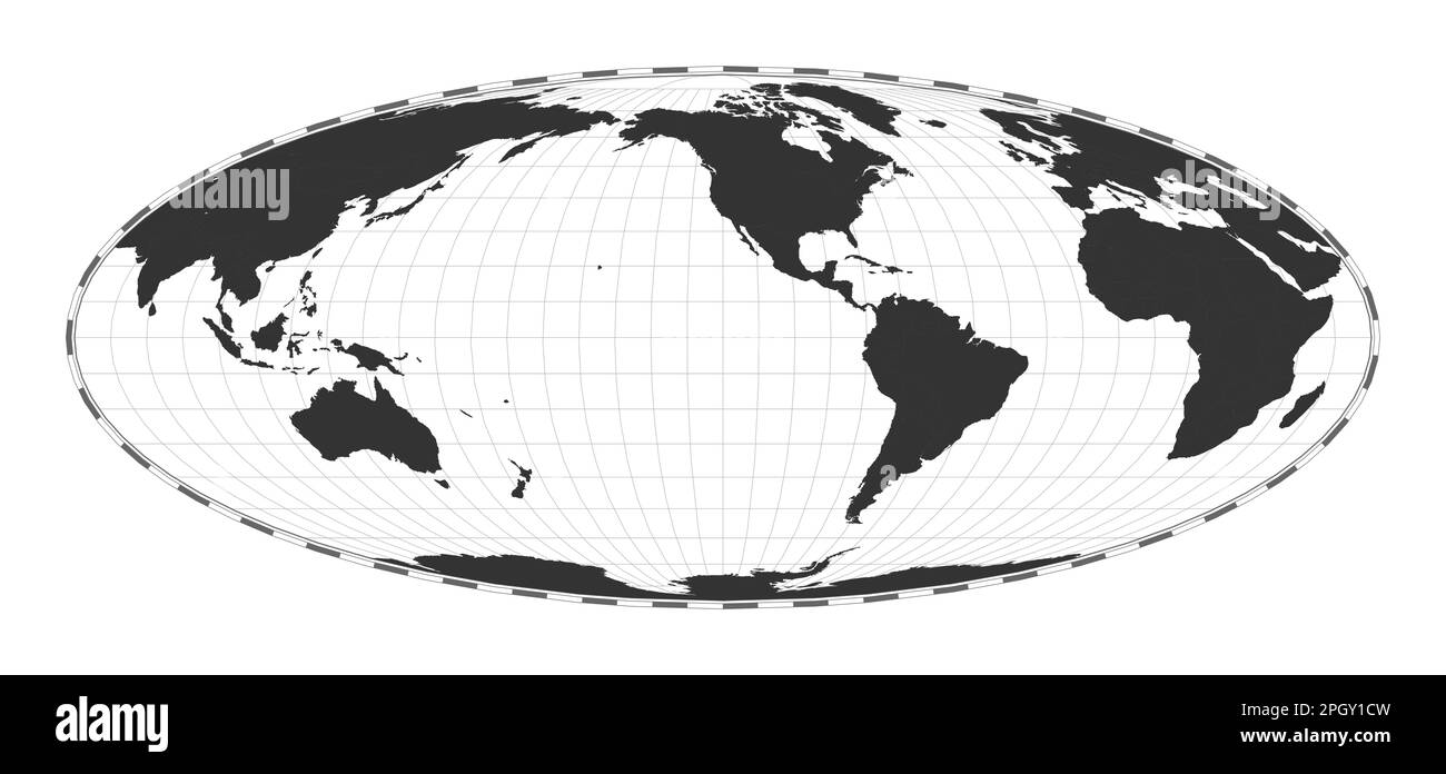 Carte du monde vectorielle. Projection Bromley. Carte géographique du monde simple avec les lignes de latitude et de longitude. Centré sur 120 degrés E de longitude. Illustration de Vecteur