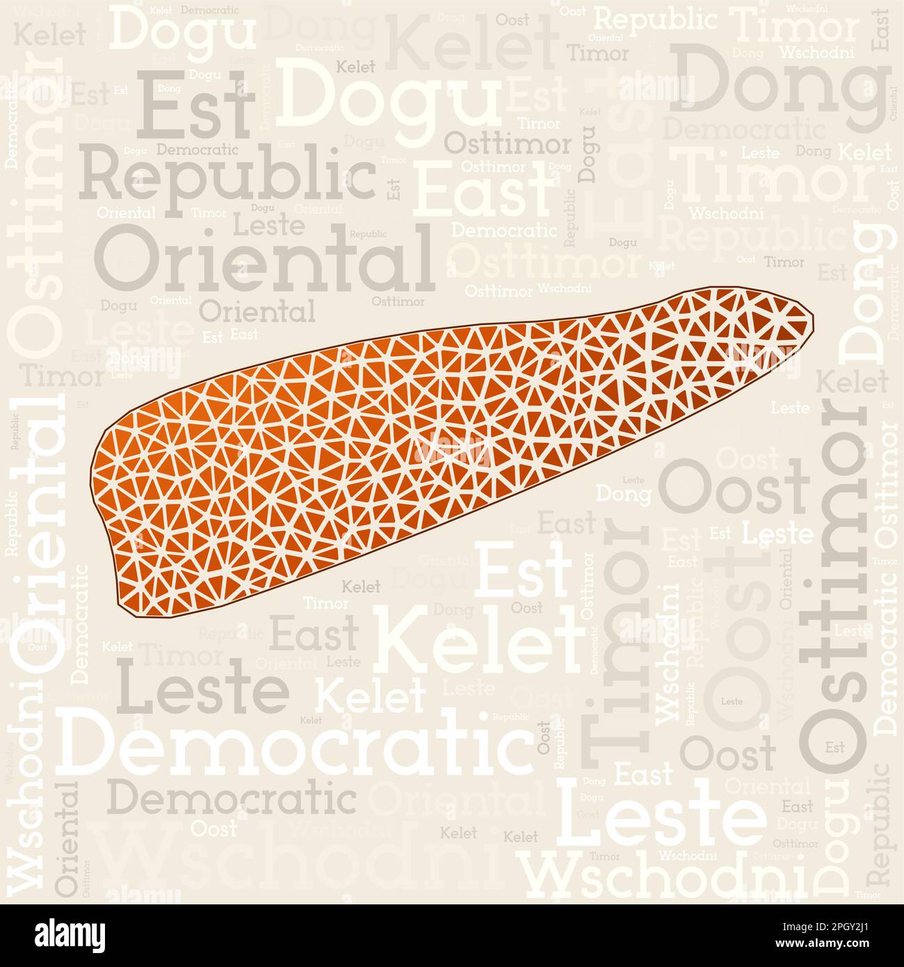 Conception de carte Timor-Leste. Noms de pays dans différentes langues et forme de carte avec des triangles poly géométriques bas. Illustration de Vecteur