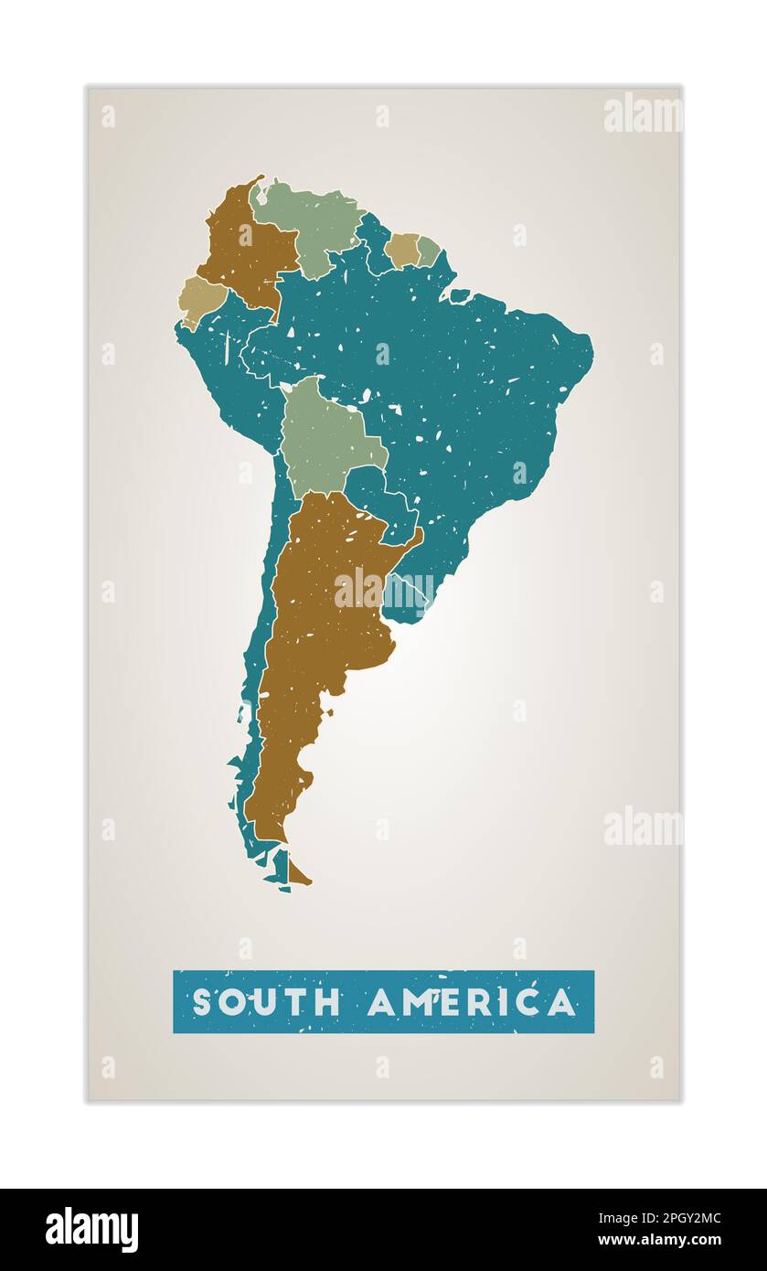 Carte de l'Amérique du Sud. Affiche continentale avec régions. Texture grunge ancienne. Forme de l'Amérique du Sud avec le nom du continent. Illustration vectorielle authentique. Illustration de Vecteur