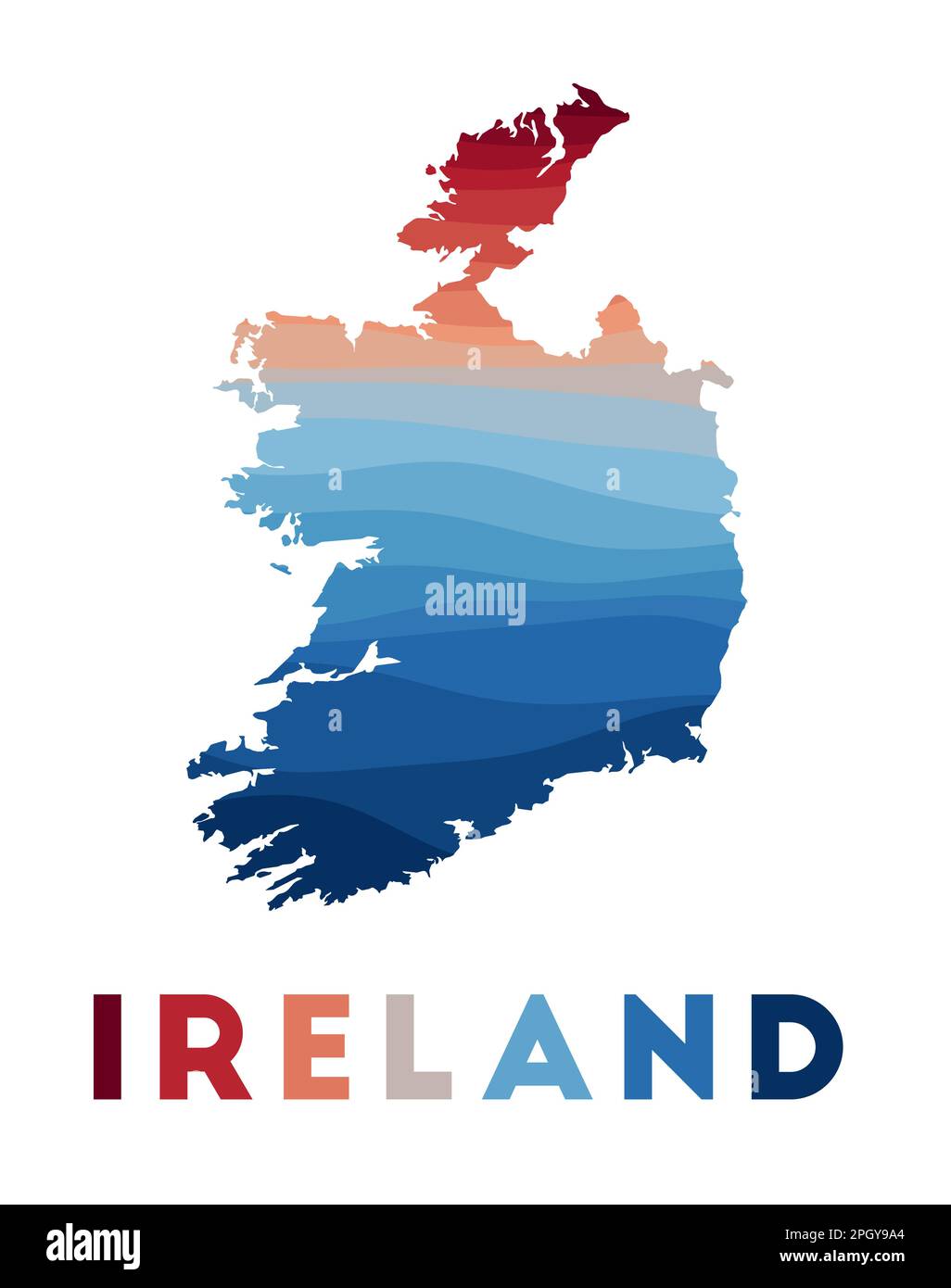 Carte de l'Irlande. Carte du pays avec de belles vagues géométriques dans les couleurs rouge et bleu. Forme irlandaise éclatante. Illustration vectorielle. Illustration de Vecteur