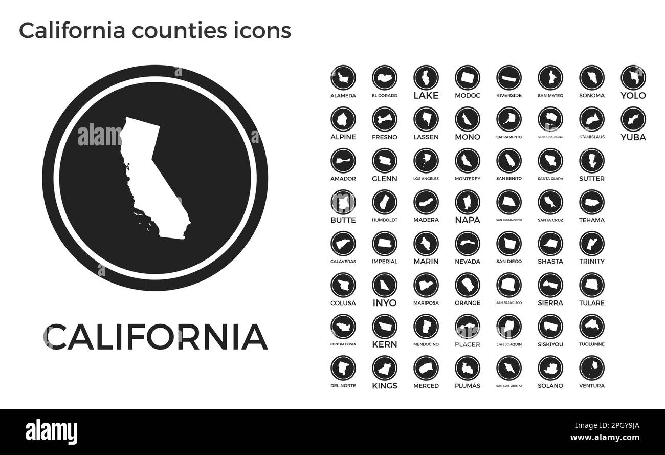 Icônes des comtés de Californie. Logos ronds noirs avec cartes et titres des États-Unis. Illustration vectorielle. Illustration de Vecteur