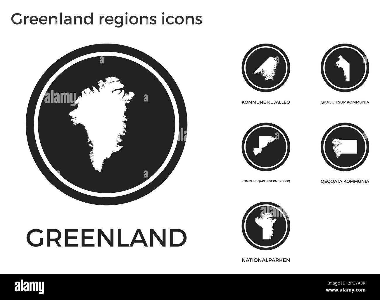 Icônes des régions du Groenland. Logos ronds noirs avec cartes et titres des régions. Illustration vectorielle. Illustration de Vecteur