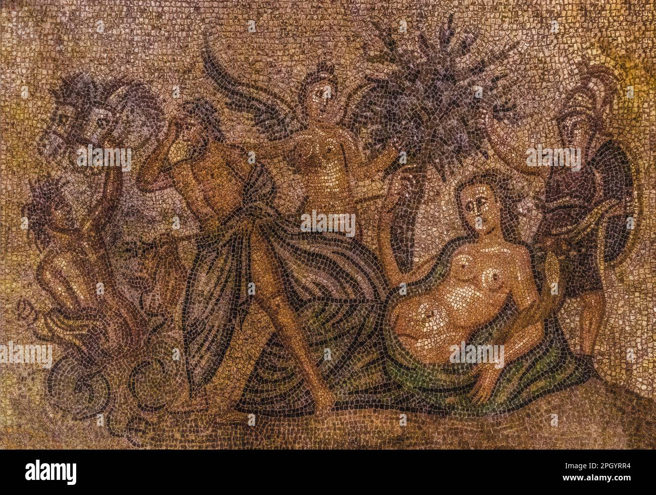 Mosaïque avec scène mythologique avec Athéna et Poséidon de Kos, 2nd siècle, Grand Masters Palace construit au 14th siècle par l'ordre Johnnite Banque D'Images