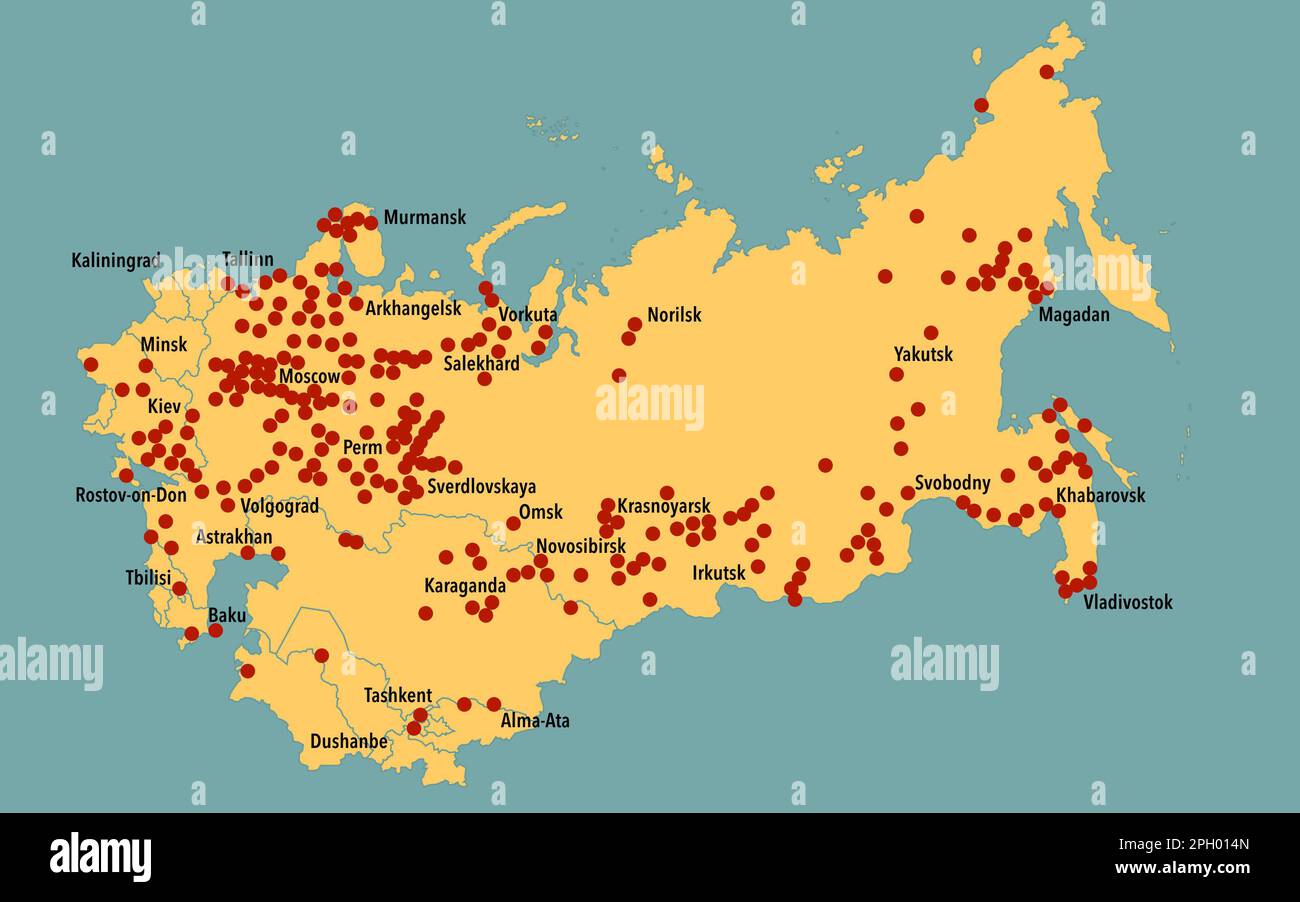 Carte de localisation des camps de concentration du Goulag à travers l'Union soviétique Banque D'Images