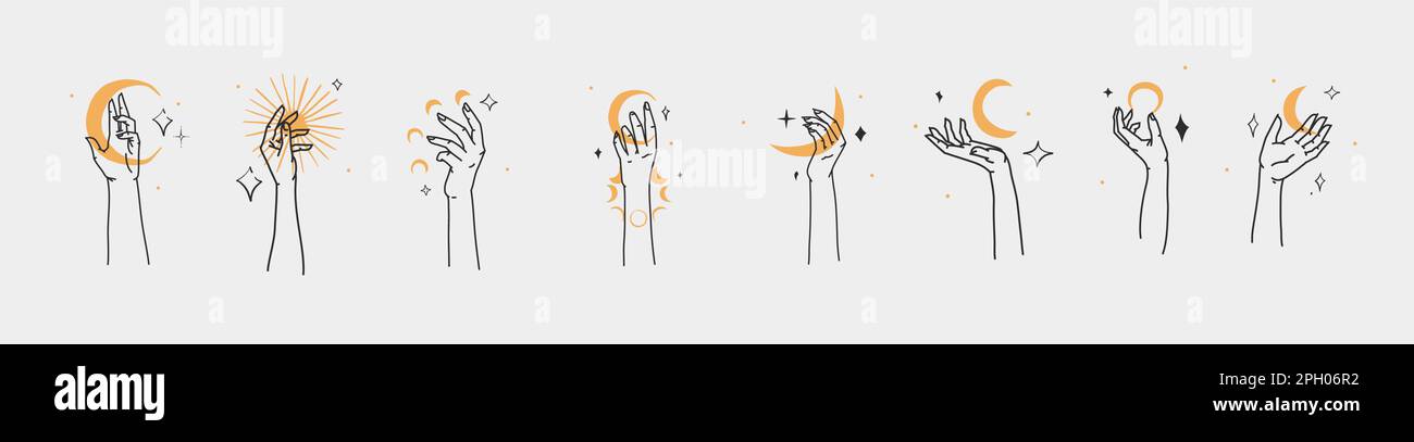 Dessin à la main vecteur résumé contour, graphique, art ligne magie mains avec lune et étoiles logo ensemble dans le style minimaliste moderne.Lune et le contour de signe d'étoile Illustration de Vecteur