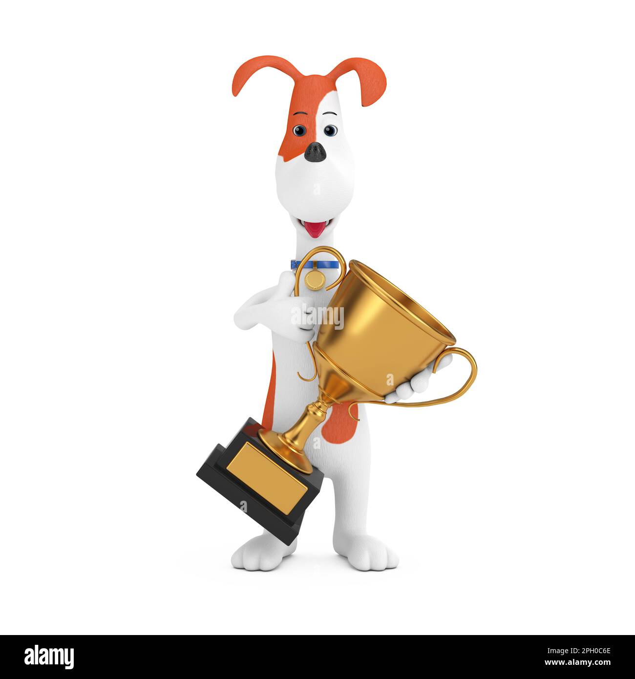 Dessin animé chien tenant Golden Award Trophée sur un fond blanc. 3D rendu Banque D'Images