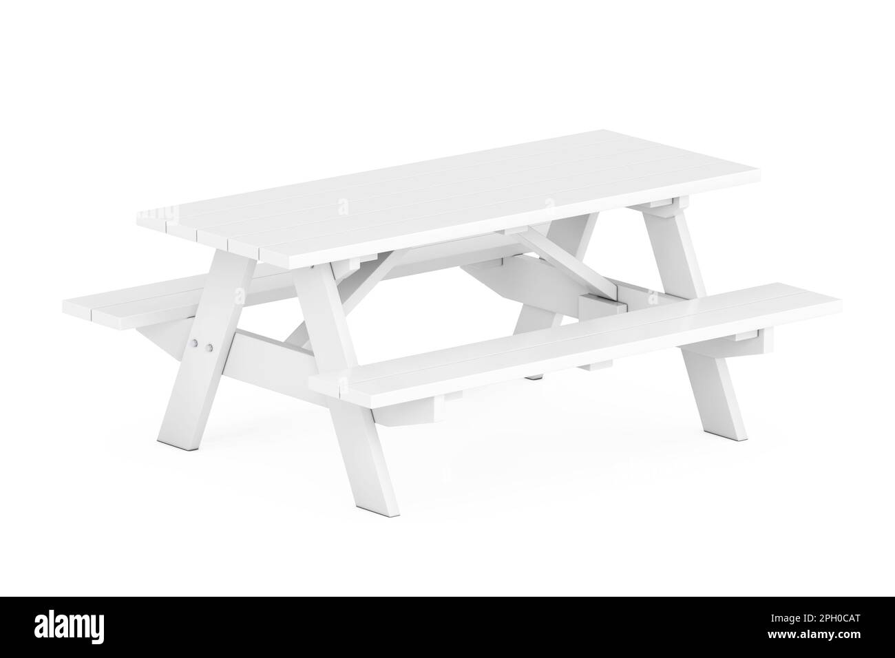 Table de pique-nique blanche avec bancs de style argile sur fond blanc. 3D rendu Banque D'Images