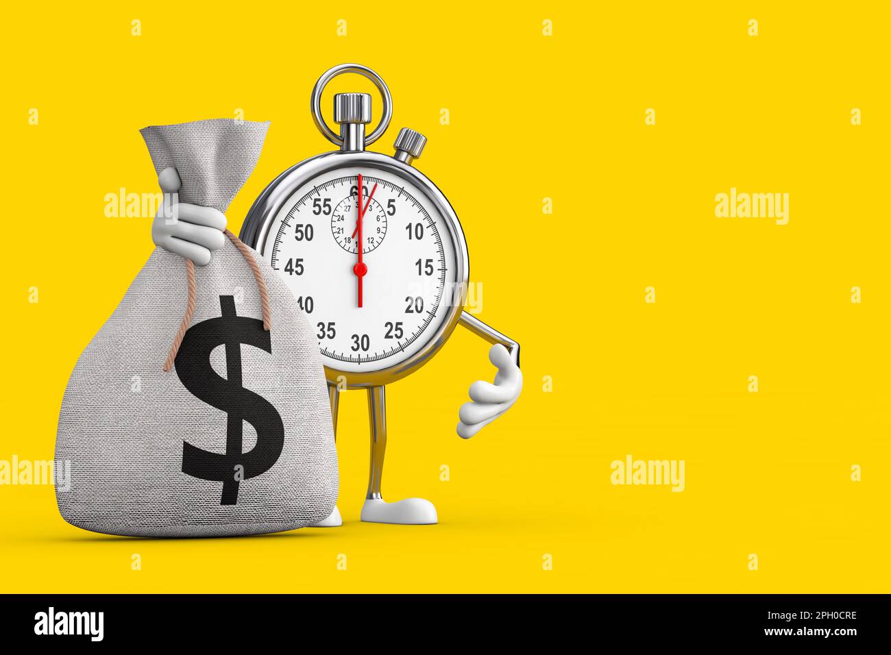 Moderne Chronomètre personnage de personnage de personnage de personnage de personnage avec attaché rustique toile toile toile argent sac ou sac d'argent avec dollar signe sur un fond jaune. 3D Ren Banque D'Images