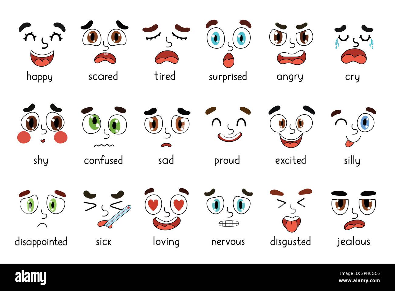 Emotions visages ensemble. Ensemble d'expressions émotionnelles différentes Illustration de Vecteur