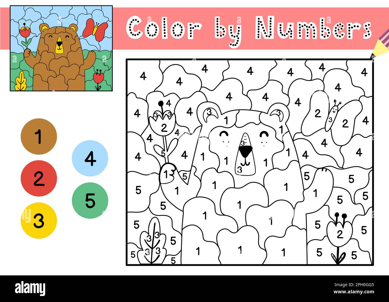 Jeu de couleurs par numéros pour enfants. Page de coloriage avec un joli ours et des fleurs Illustration de Vecteur