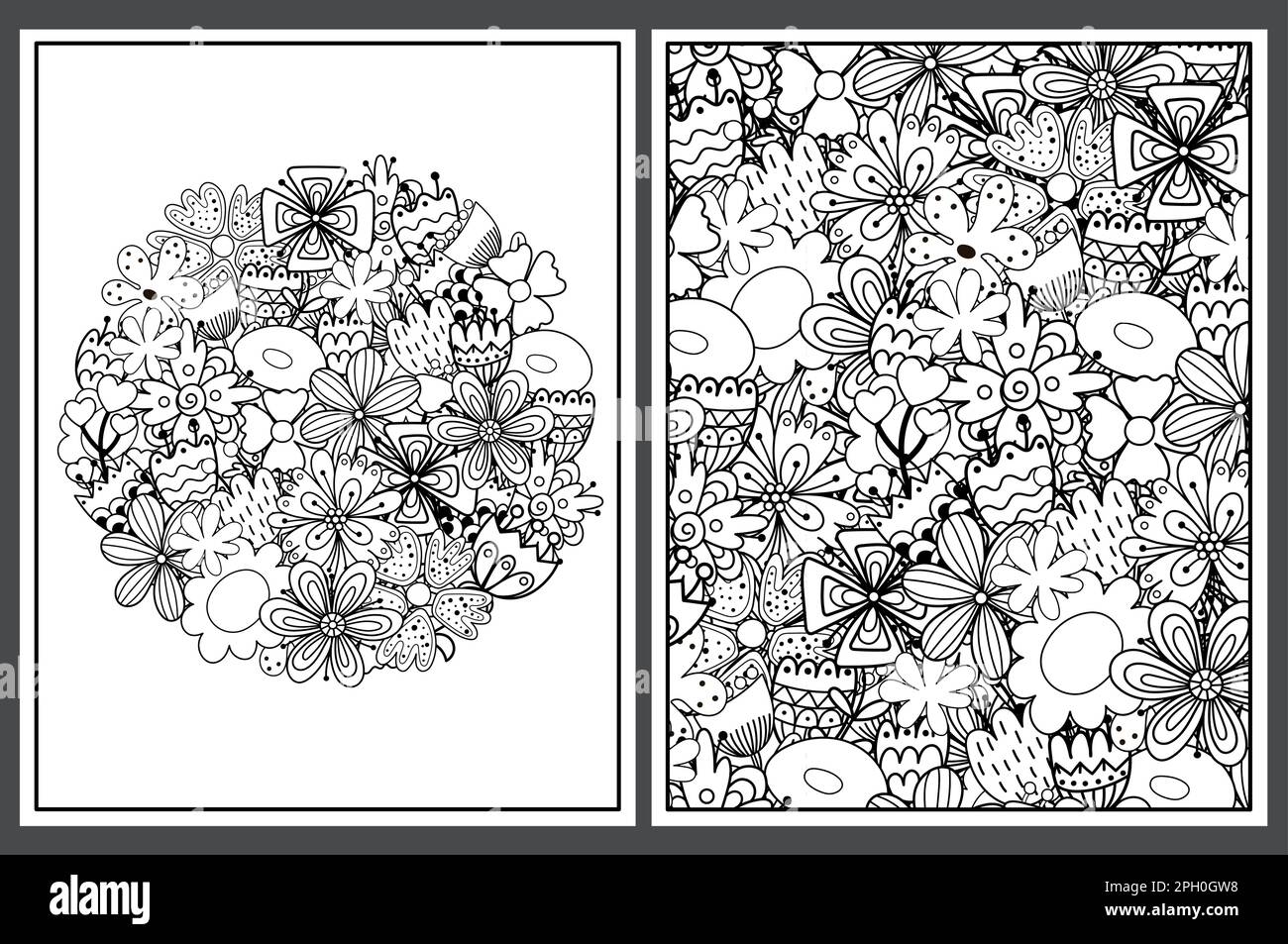 Ensemble de pages de coloriage avec des fleurs d'anses. Décoration florale pour livre de coloriage Illustration de Vecteur